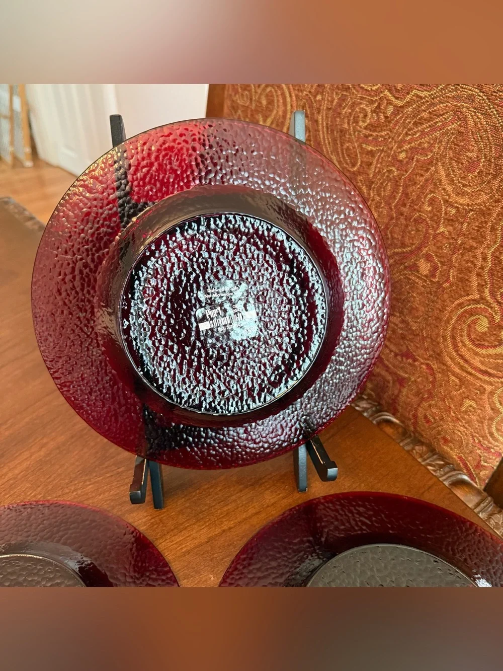 Set of 4 VTG Pier 1 Ruby Red Salad Plates - Smooth Mirror Top, Textured Bottom